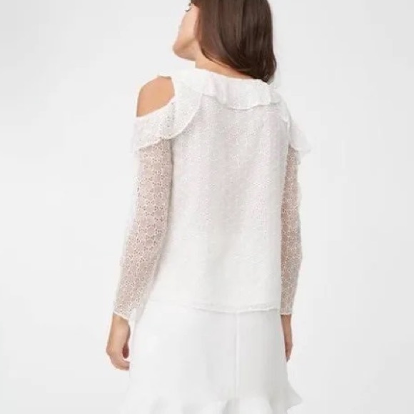 Club Monaco Silk Eyelet Long Sleeve V Neck Ruffle Top in White - M - Picture 3 of 7